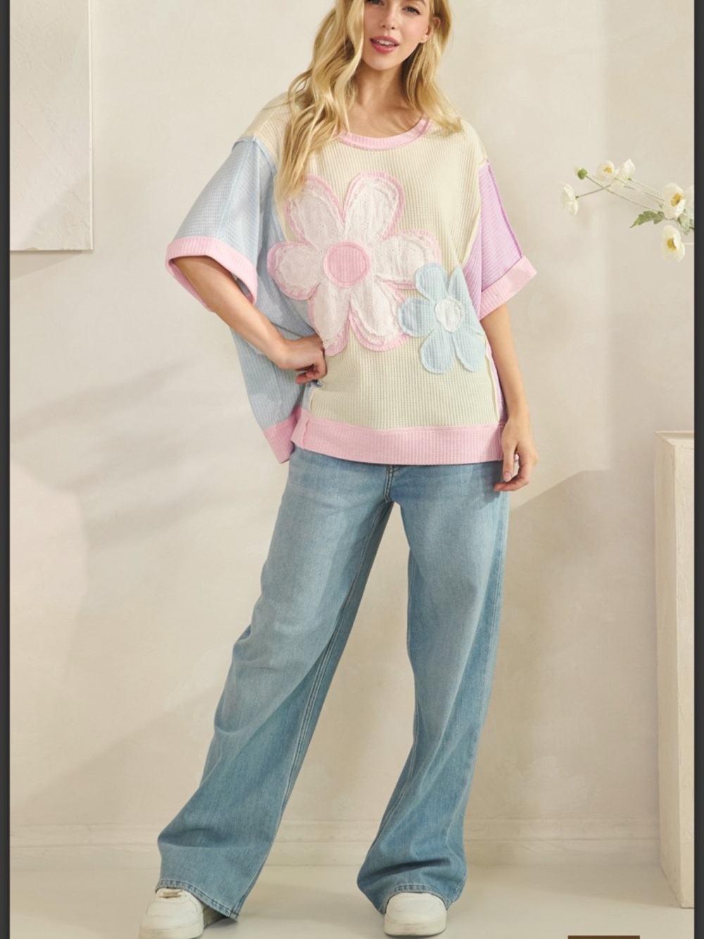💕 PLUS Sage + Fig Pastel Floral Waffle-Knit Short Sleeve Shirt - Picture 7 of 8